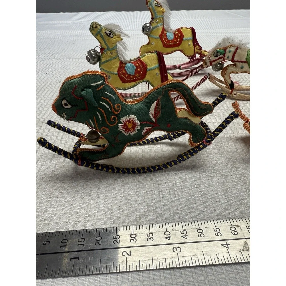 5 Vintage‎ Chinese Rocking Horse Lion Christmas Ornament Satin Embroidered *READ